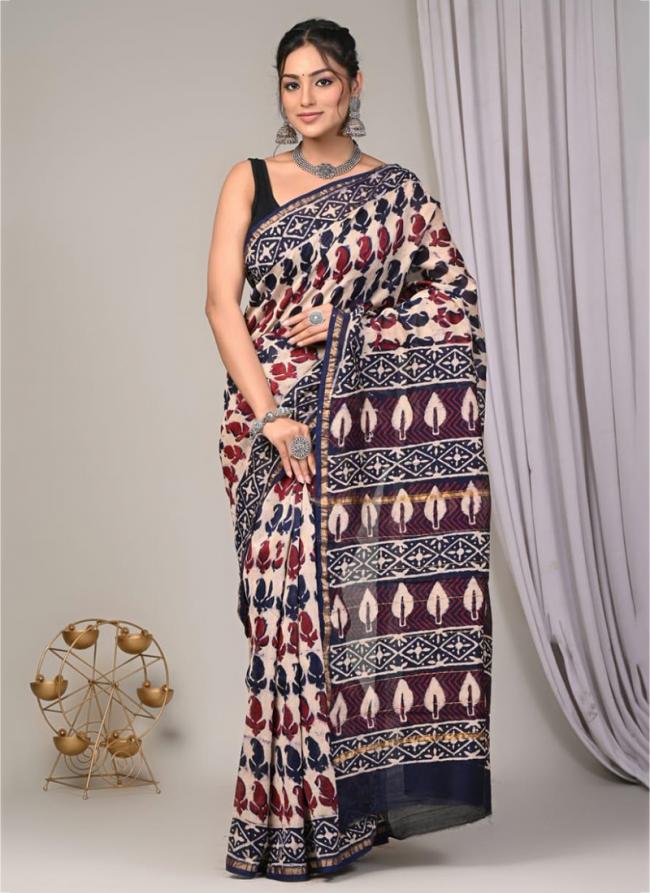 Chanderi Silk Multi Color Festival Wear Block Printed Saree